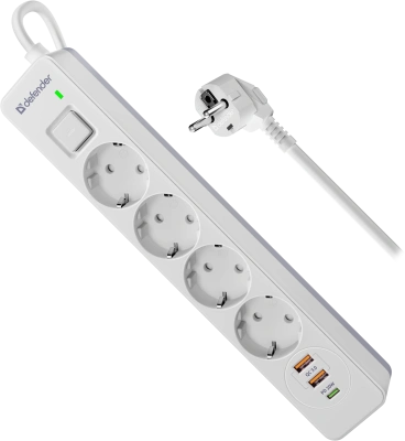Сетевой фильтр Defender DFS-141 4 розетоки 1хUSB Type-C, 2хUSB, 1.5м, белый