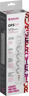 Сетевой фильтр Defender DFS-141 4 розетоки 1хUSB Type-C, 2хUSB, 1.5м, белый