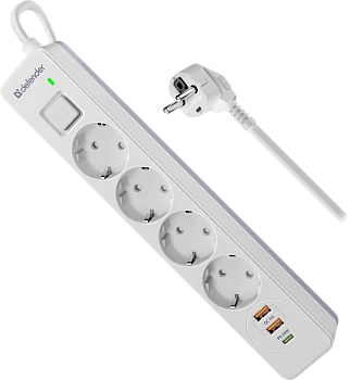 Сетевой фильтр Defender DFS-141 4 розетоки 1хUSB Type-C, 2хUSB, 1.5м, белый