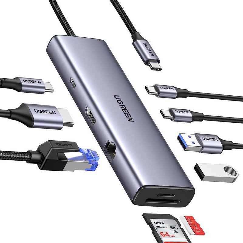 Док-станция UGREEN  USB Type-C (2xUSB 3.1, HDMI,Lan,CardReader,PD 100W,Type Cx2) (15375)
