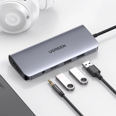 Док-станция UGREEN  USB Type-C (3xUSB 3.0, HDMI VGA RJ45 SD/TF Jack 3,5 mm PD) 80133