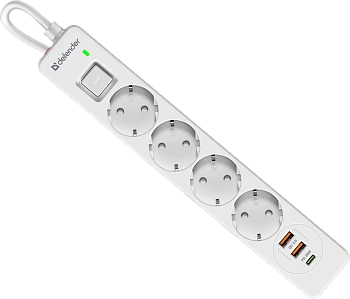 Сетевой фильтр Defender DFS 143 - 3,0 М, 4 розеток, 2xUSB, 1xType-C, белый