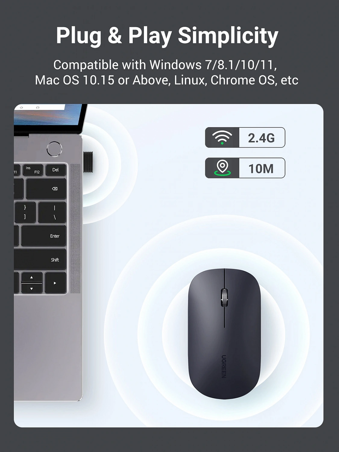 Мышь Ugreen MU001(90373) Grey, USB (Wireless)