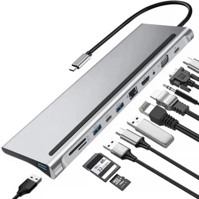 Док-станция 12 in 1 USB Type-C (HDMIх2/VGA/LAN/CardReader/Audio 3.5mm mini jack/USB 3.0 HUB 3 /PD)