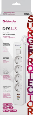 Сетевой фильтр Defender DFS 143 - 3,0 М, 4 розеток, 2xUSB, 1xType-C, белый