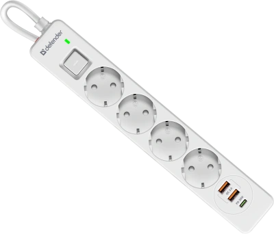 Сетевой фильтр Defender DFS 143 - 3,0 М, 4 розеток, 2xUSB, 1xType-C, белый